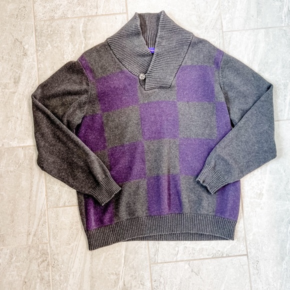 Alan Flusser Gray and Purple Checkered Long Sleeve Sweater Cowl Neck Collar Med - Picture 4 of 8
